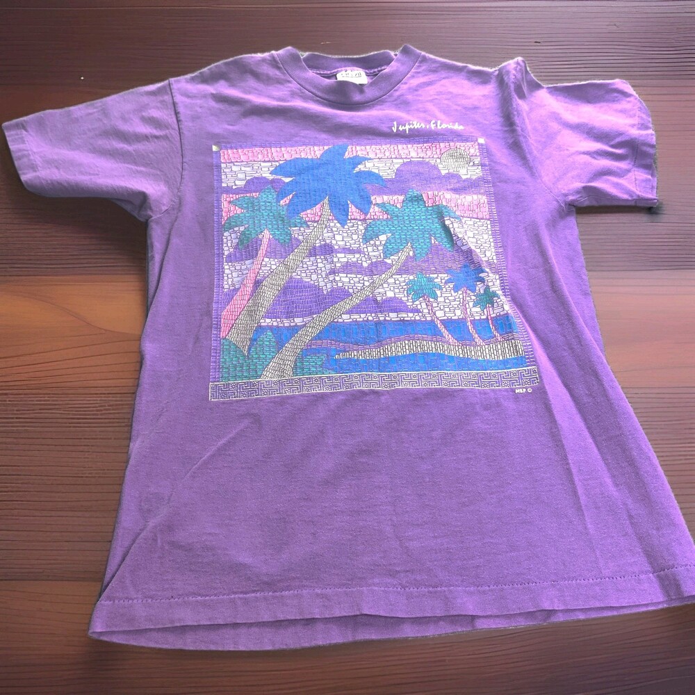 Vintage Single Stitch T-shirt Men Medium Juniper Florida Palm Trees Vacay Anvil